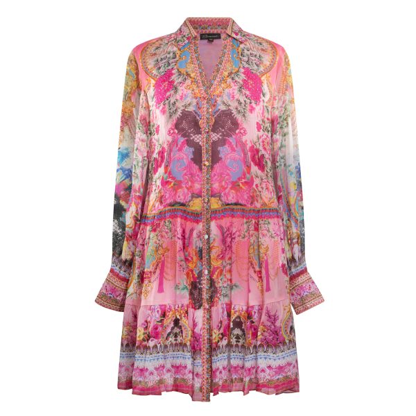 Pink rose shirtdress made of printed viscose silk with beaded embellishments.