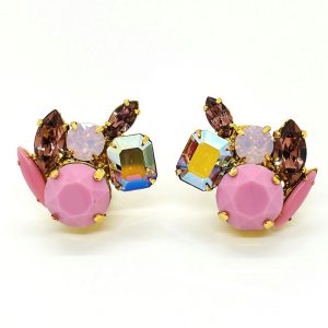 Vintage Swarovski crystal cluster button clip on earrings