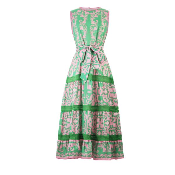Pink & green toile print sleeveless ankle length dress.