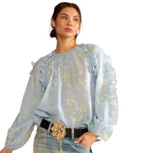 Baby’s breath blue ground print ruffle blouse with elastic neckline