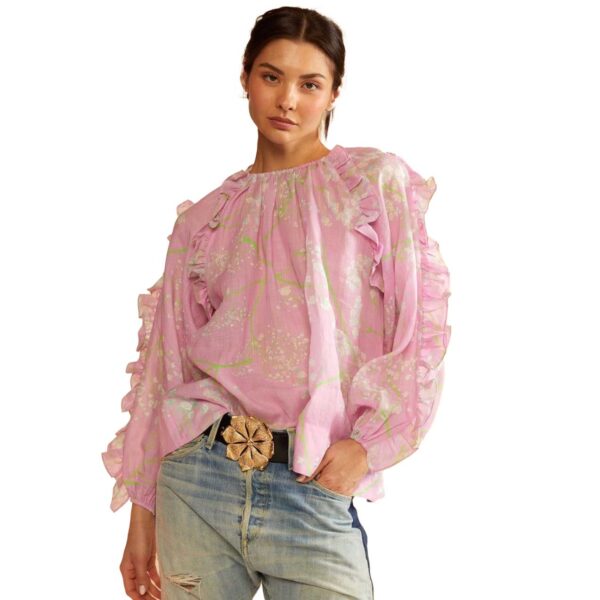 Baby’s breath pink ground ruffle blouse with elastic neckline & wristband
