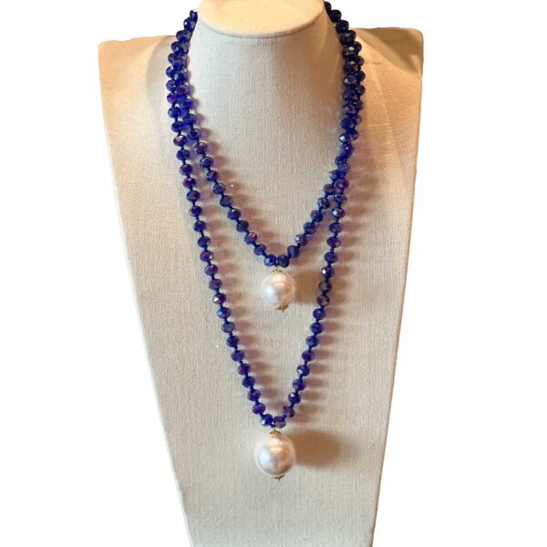 Double jumbo pearl necklace with Royal blue colored crystal