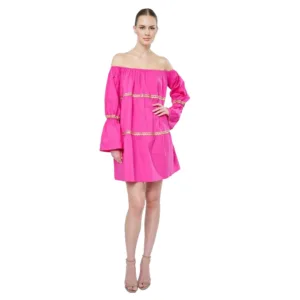 The model in the picture is wearing a vibrant pink dress.